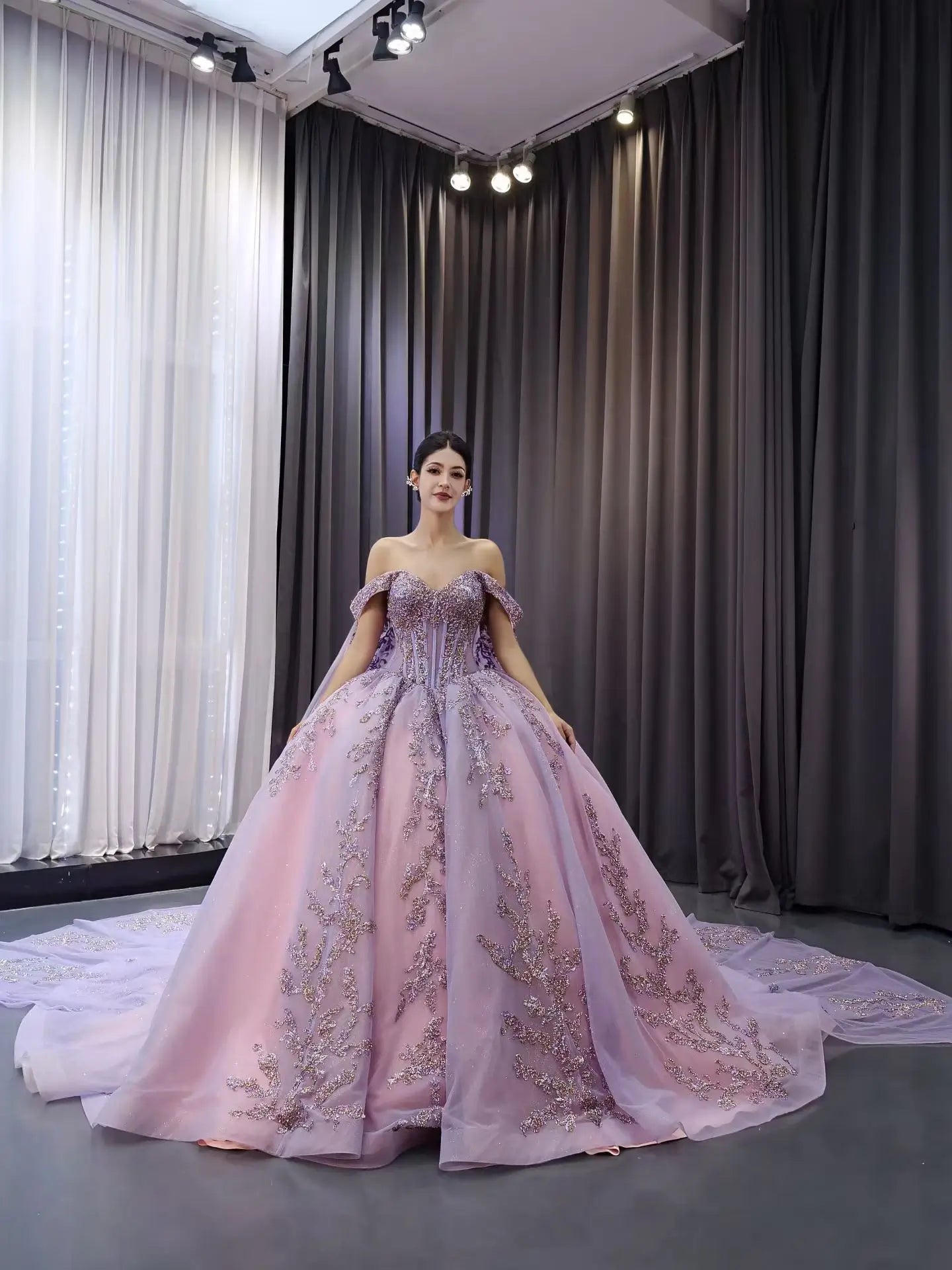 Vintage Purple Lace Ball Gown with Cape | Off-the-Shoulder Quinceañera Dress & Basque Waist 251119-Quinceanera Dresses 2026-Viniodress-Lavender-Custom Size-