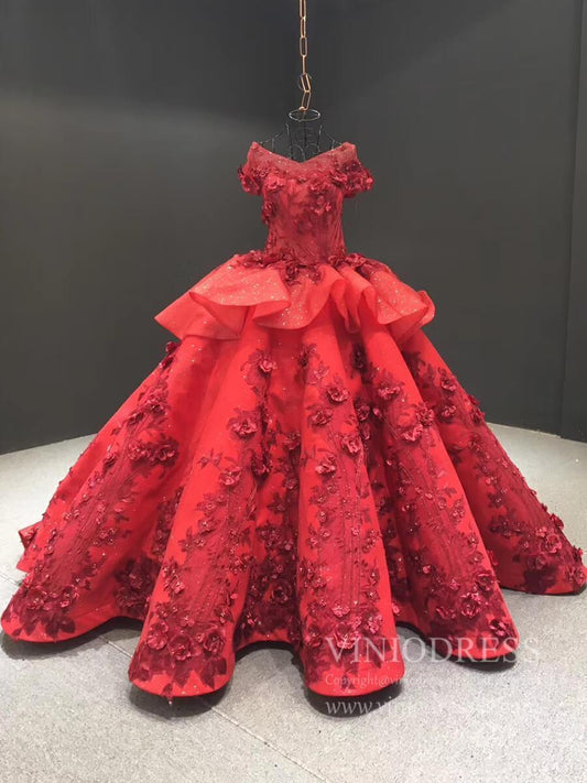 Vintage Red Floral Wedding Gown 3D Flower Princess Dress 66878 Cap Sleeve-prom dresses 2025 -Viniodress-Dark Red-US 2-