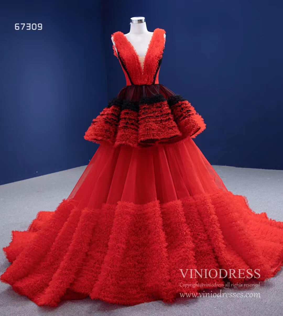 Vintage Red Formal Dress V-neck Tiered Tulle Ball Gown viniodress-prom dresses 2025 -Viniodress-Red-Custom Size-