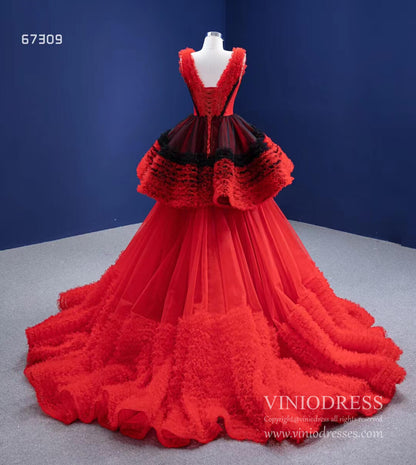 Vintage Red Formal Dress V-neck Tiered Tulle Ball Gown viniodress-prom dresses 2025 -Viniodress-Red-Custom Size-