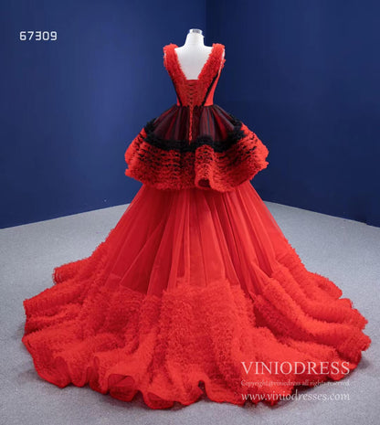 Vintage Red Formal Dress V-neck Tiered Tulle Ball Gown viniodress-prom dresses 2025 -Viniodress-Red-Custom Size-