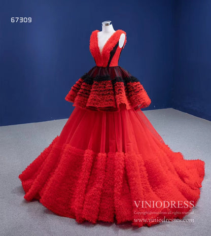 Vintage Red Formal Dress V-neck Tiered Tulle Ball Gown viniodress-prom dresses 2025 -Viniodress-Red-Custom Size-