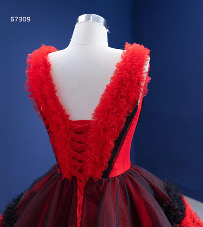 Vintage Red Formal Dress V-neck Tiered Tulle Ball Gown viniodress-prom dresses 2025 -Viniodress-Red-Custom Size-