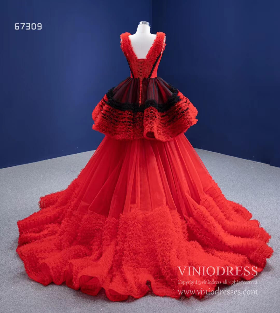 Prom Dress 2025 Vintage Red Formal Dress V-neck Tiered Tulle Ball Gown viniodress-unique prom dresses-Red-Custom Size-Viniodress