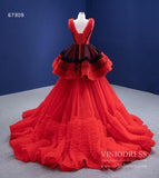 Prom Dress 2025 Vintage Red Formal Dress V-neck Tiered Tulle Ball Gown viniodress-unique prom dresses-Red-Custom Size-Viniodress