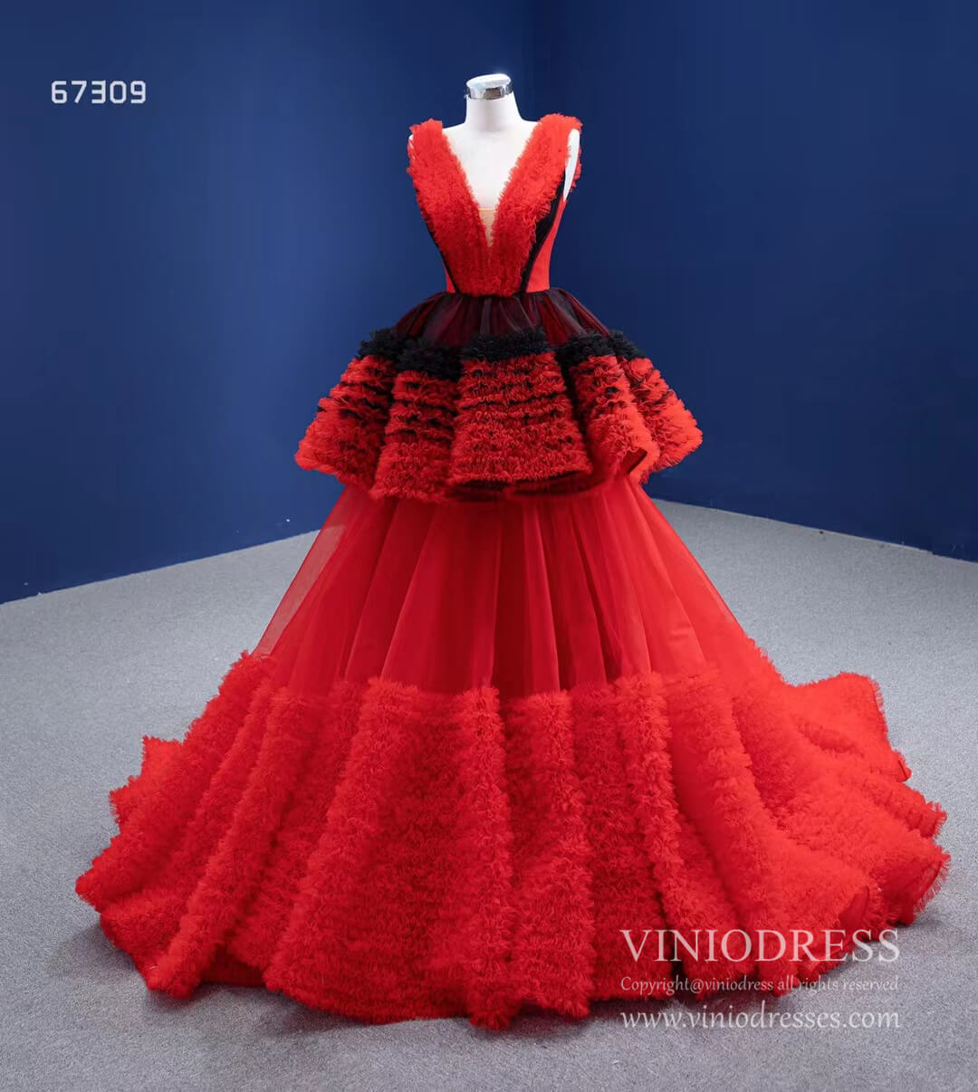 Prom Dress 2025 Vintage Red Formal Dress V-neck Tiered Tulle Ball Gown viniodress-unique prom dresses-Red-Custom Size-Viniodress