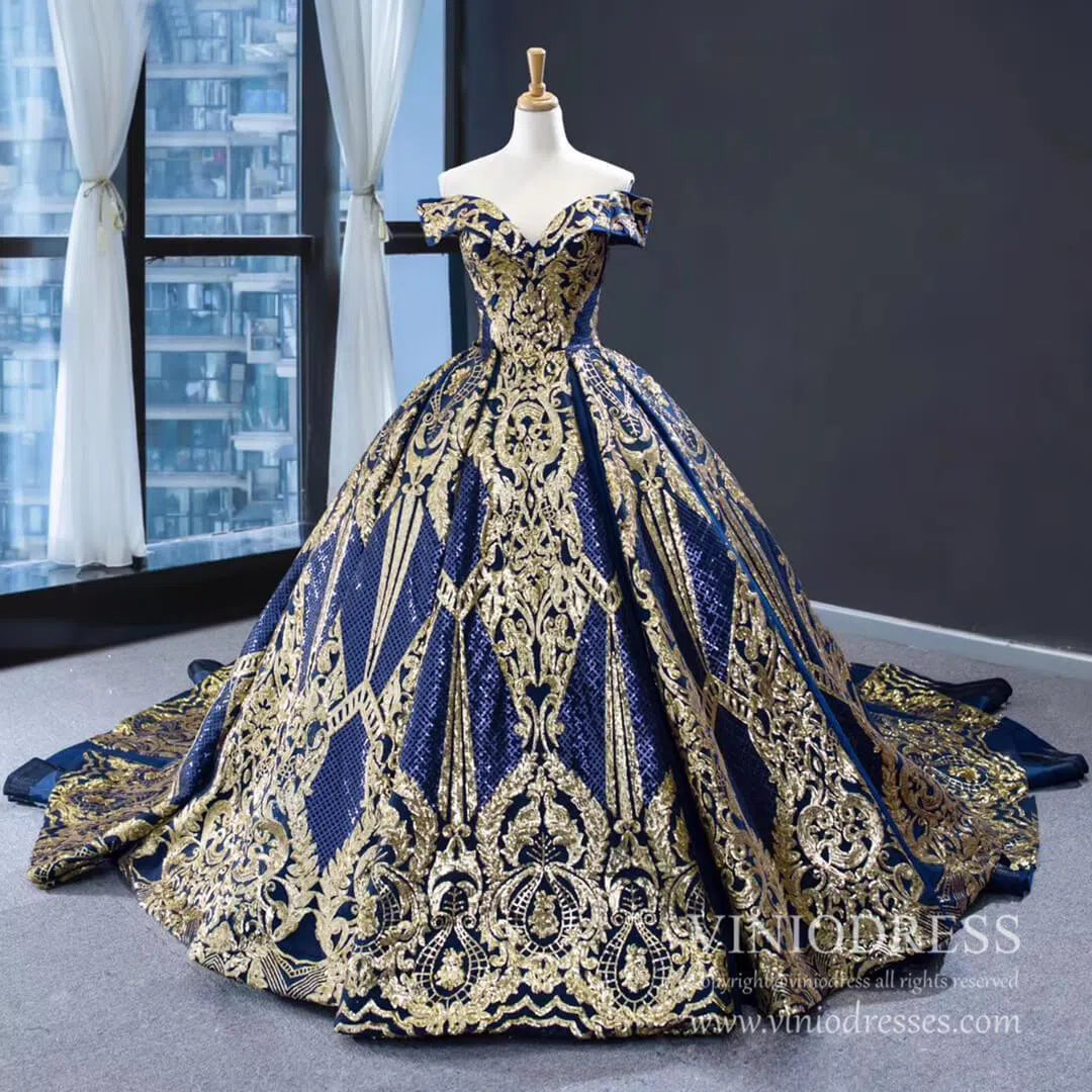 Vintage Red & Gold Sequin Ball Gown Prom Dresses FD1971 viniodress-prom dresses 2025 -Viniodress-Navy Blue-Custom Size-