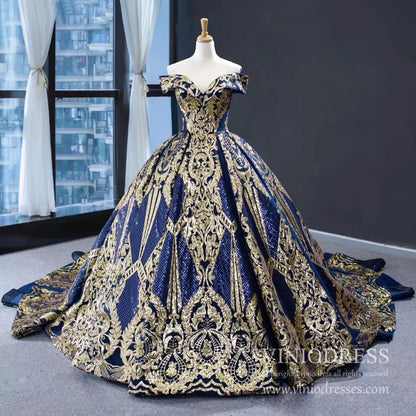 Vintage Red & Gold Sequin Ball Gown Prom Dresses FD1971 viniodress-prom dresses 2025 -Viniodress-Navy Blue-Custom Size-