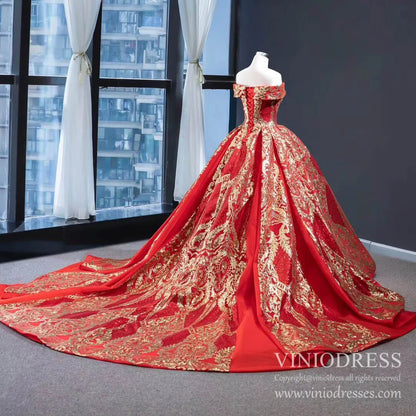 Vintage Red & Gold Sequin Ball Gown Prom Dresses FD1971 viniodress-prom dresses 2025 -Viniodress-Red-Custom Size-