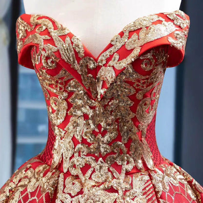 Vintage Red & Gold Sequin Ball Gown Prom Dresses FD1971 viniodress-prom dresses 2025 -Viniodress-Red-Custom Size-