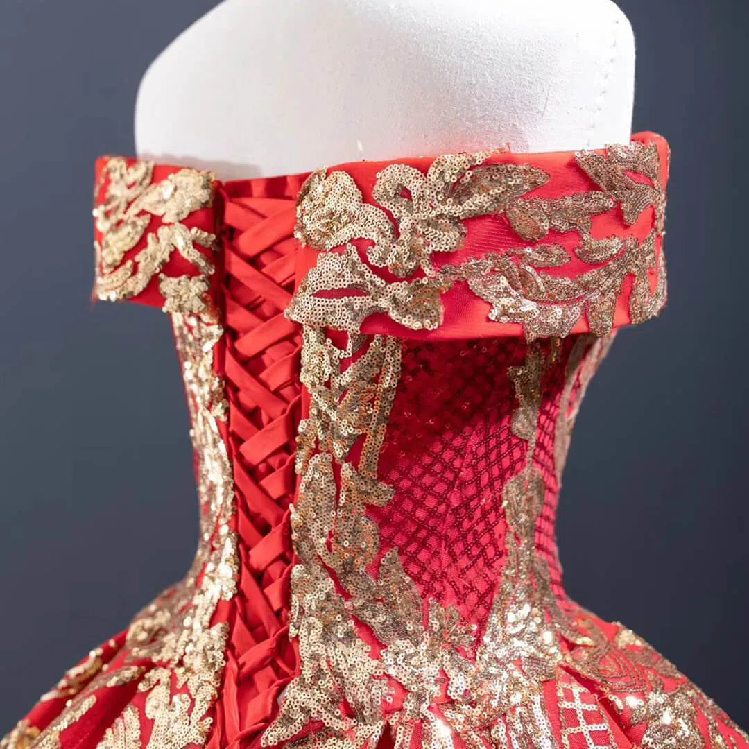 Vintage Red & Gold Sequin Ball Gown Prom Dresses FD1971 viniodress-prom dresses 2025 -Viniodress-Red-Custom Size-