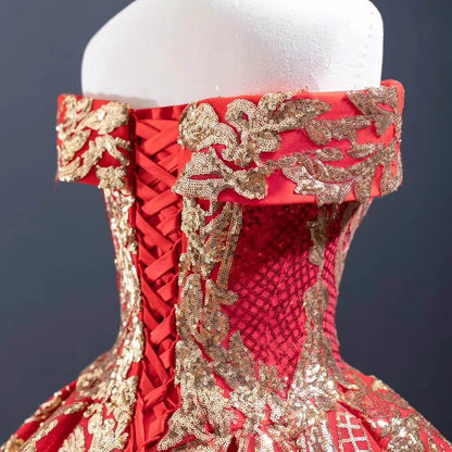 Vintage Red & Gold Sequin Ball Gown Prom Dresses FD1971 viniodress-prom dresses 2025 -Viniodress-Red-Custom Size-