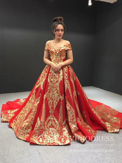 Vintage Red & Gold Sequin Ball Gown Prom Dresses FD1971 viniodress-prom dresses 2025 -Viniodress-Red-Custom Size-