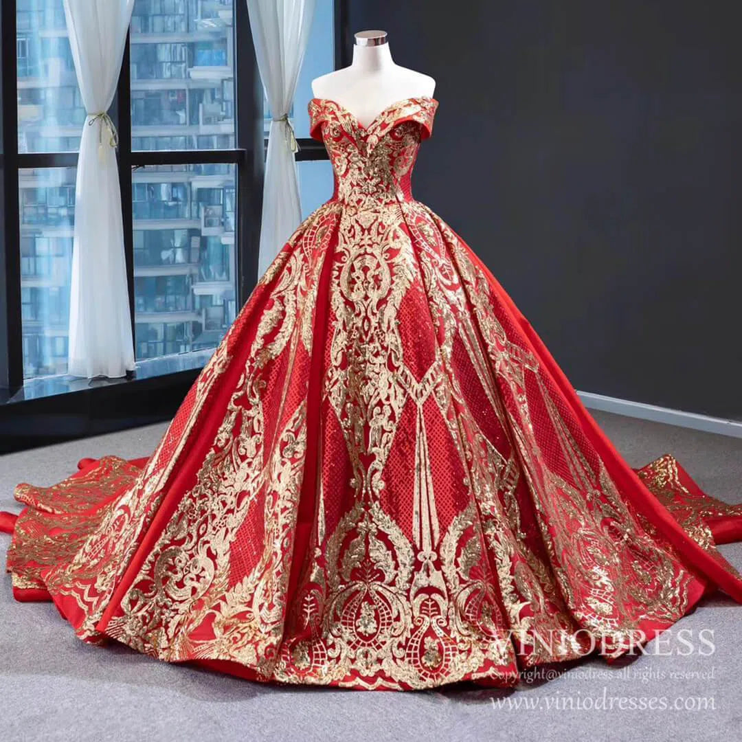 Vintage Red & Gold Sequin Ball Gown Prom Dresses FD1971 viniodress-prom dresses 2025 -Viniodress-Red-Custom Size-