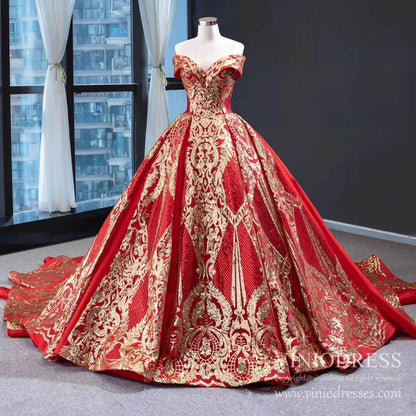 Vintage Red & Gold Sequin Ball Gown Prom Dresses FD1971 viniodress-prom dresses 2025 -Viniodress-Red-Custom Size-