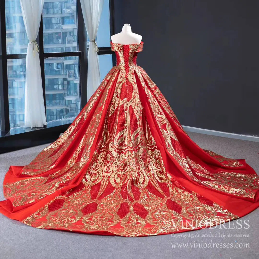 Vintage Red & Gold Sequin Ball Gown Prom Dresses FD1971 viniodress-prom dresses 2025 -Viniodress-Red-Custom Size-