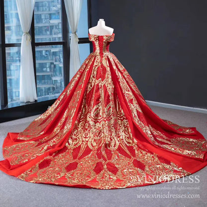Vintage Red & Gold Sequin Ball Gown Prom Dresses FD1971 viniodress-prom dresses 2025 -Viniodress-Red-Custom Size-