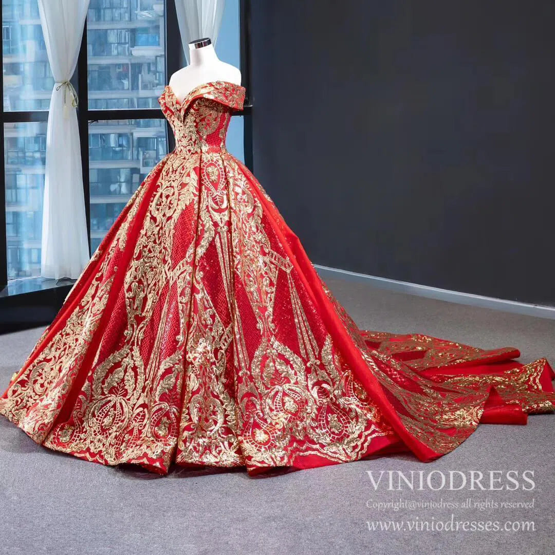 Vintage Red & Gold Sequin Ball Gown Prom Dresses FD1971 viniodress-prom dresses 2025 -Viniodress-Red-Custom Size-