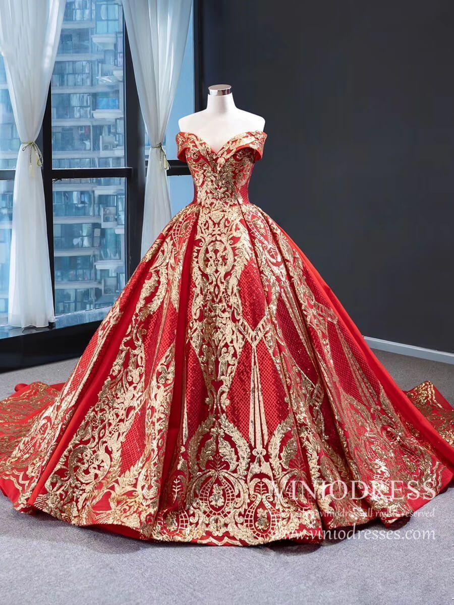 Prom Dress 2025 Vintage Red & Gold Sequin Ball Gown Prom Dresses FD1971 viniodress-unique prom dresses-Red-Custom Size-Viniodress