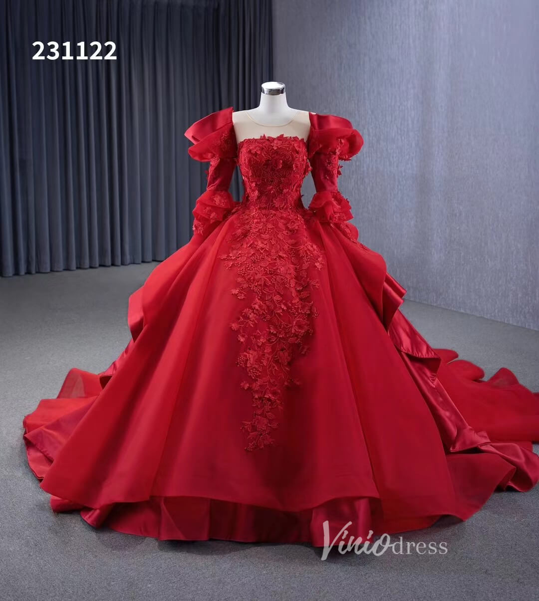 Vintage Red Satin Ball Gown Wedding Dresses Extra Long Sleeves Princess Dress 231122-Quinceanera Dresses 2025 -Viniodress-Red-Custom Size-