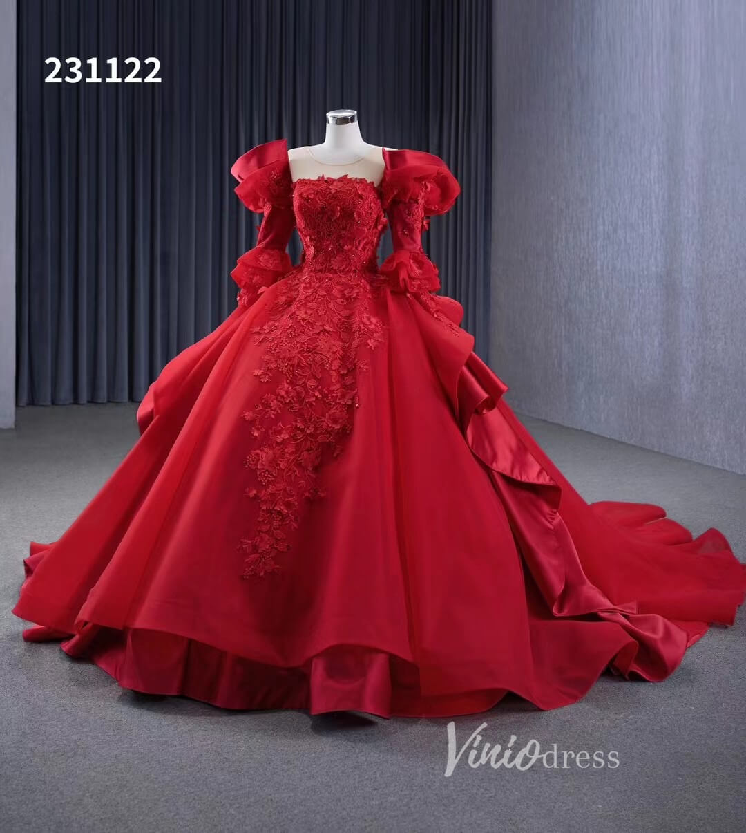 Vintage Red Satin Ball Gown Wedding Dresses Extra Long Sleeves Princess Dress 231122-Quinceanera Dresses 2025 -Viniodress-Red-Custom Size-
