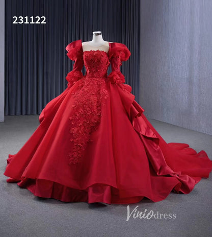 Vintage Red Satin Ball Gown Wedding Dresses Extra Long Sleeves Princess Dress 231122-Quinceanera Dresses 2025 -Viniodress-Red-Custom Size-