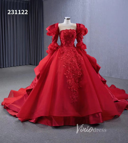 Vintage Red Satin Ball Gown Wedding Dresses Extra Long Sleeves Princess Dress 231122-Quinceanera Dresses 2025 -Viniodress-Red-Custom Size-