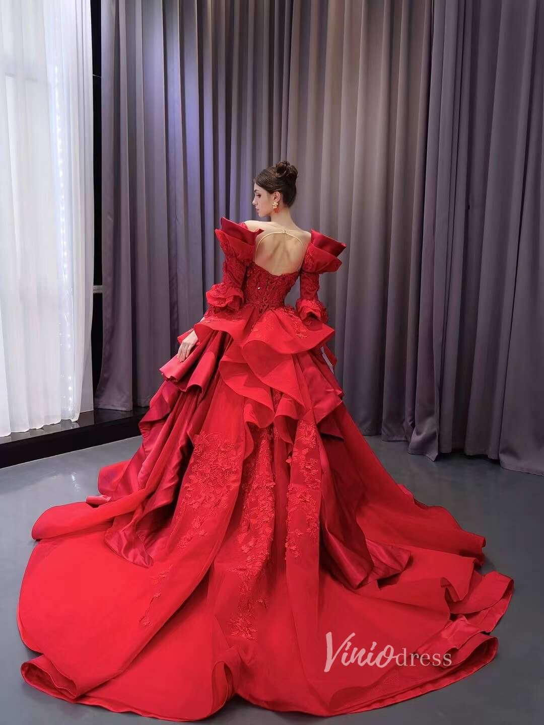 Vintage Red Satin Ball Gown Wedding Dresses Extra Long Sleeves Princess Dress 231122-Quinceanera Dresses 2025 -Viniodress-Red-Custom Size-