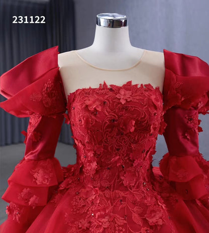 Vintage Red Satin Ball Gown Wedding Dresses Extra Long Sleeves Princess Dress 231122-Quinceanera Dresses 2025 -Viniodress-Red-Custom Size-