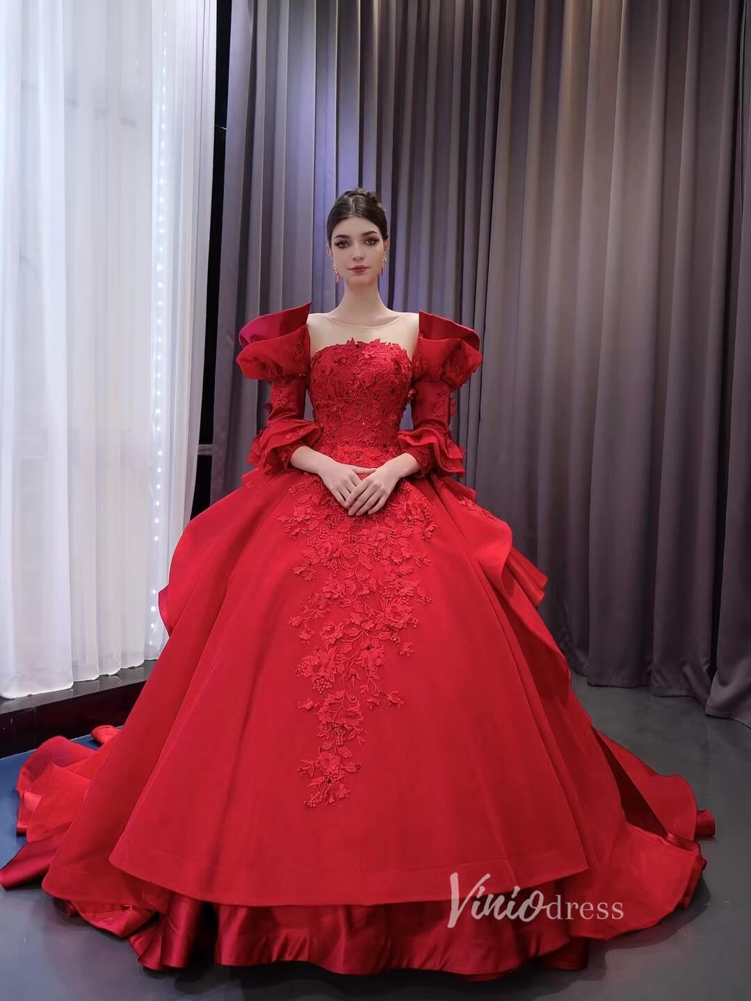 Vintage Red Satin Ball Gown Wedding Dresses Extra Long Sleeves Princess Dress 231122-Quinceanera Dresses 2025 -Viniodress-Red-Custom Size-