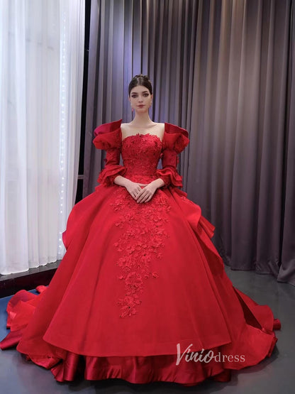 Vintage Red Satin Ball Gown Wedding Dresses Extra Long Sleeves Princess Dress 231122-Quinceanera Dresses 2025 -Viniodress-Red-Custom Size-