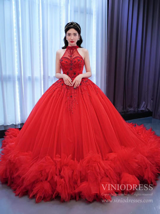Vintage Red Tulle Wedding Gown Mock Neck Beaded Princess Dress Viniodress viniodress-Quinceanera Dresses 2025 -Viniodress-As Picture-Custom Size-