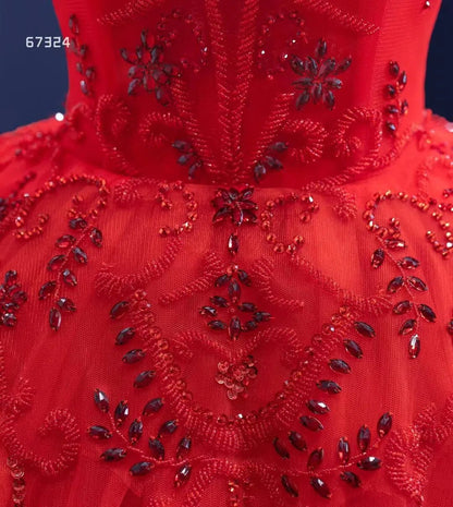 Vintage Red Tulle Wedding Gown Mock Neck Beaded Princess Dress Viniodress viniodress-Quinceanera Dresses 2025 -Viniodress-As Picture-Custom Size-