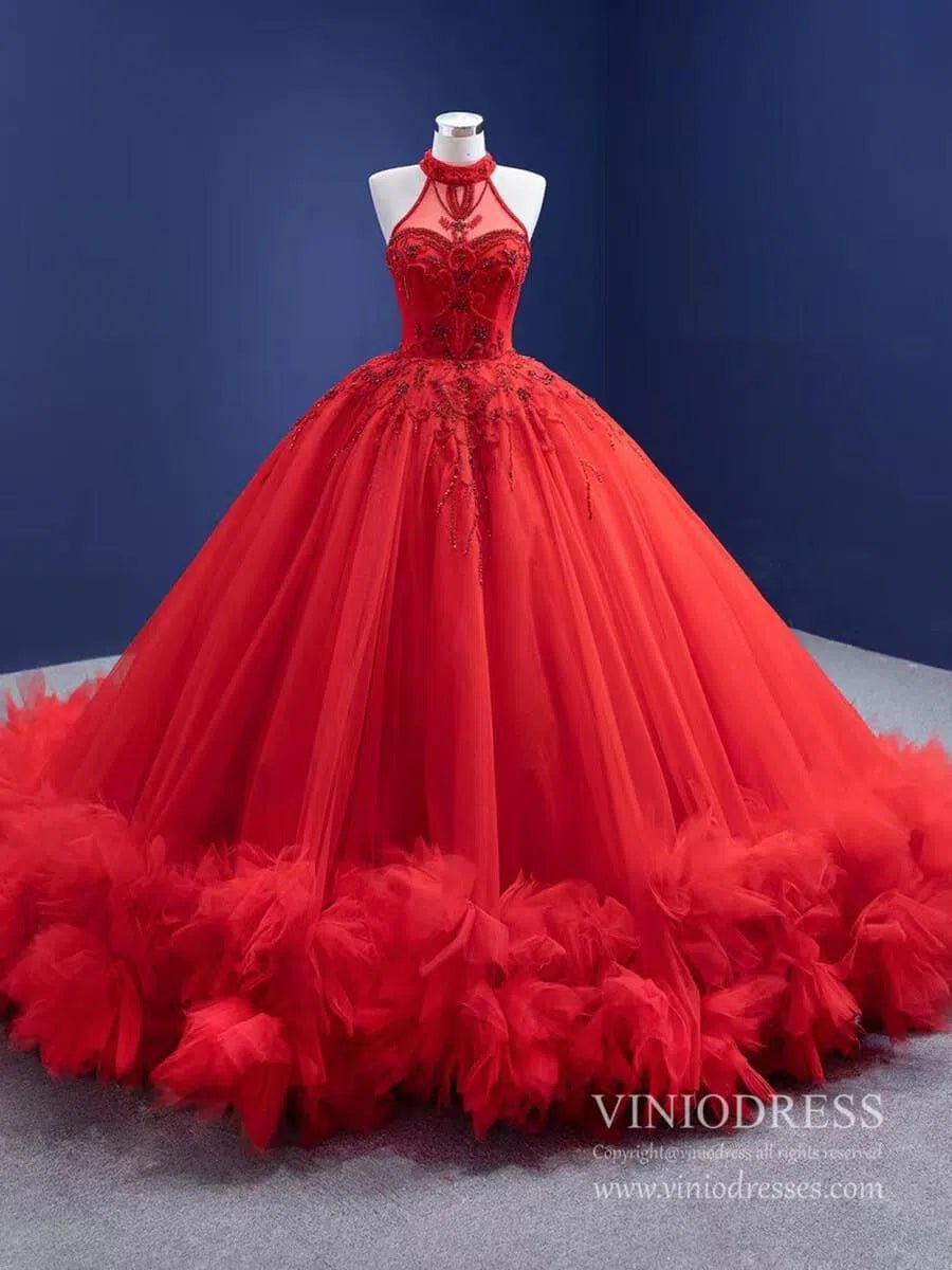 Vintage Red Tulle Wedding Gown Mock Neck Beaded Princess Dress Viniodress viniodress-Quinceanera Dresses 2025 -Viniodress-As Picture-Custom Size-
