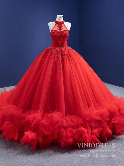 Vintage Red Tulle Wedding Gown Mock Neck Beaded Princess Dress Viniodress viniodress-Quinceanera Dresses 2025 -Viniodress-As Picture-Custom Size-