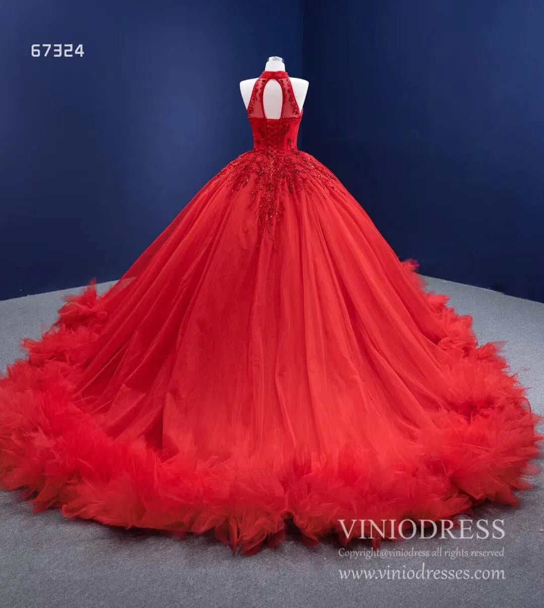 Vintage Red Tulle Wedding Gown Mock Neck Beaded Princess Dress Viniodress viniodress-Quinceanera Dresses 2025 -Viniodress-As Picture-Custom Size-