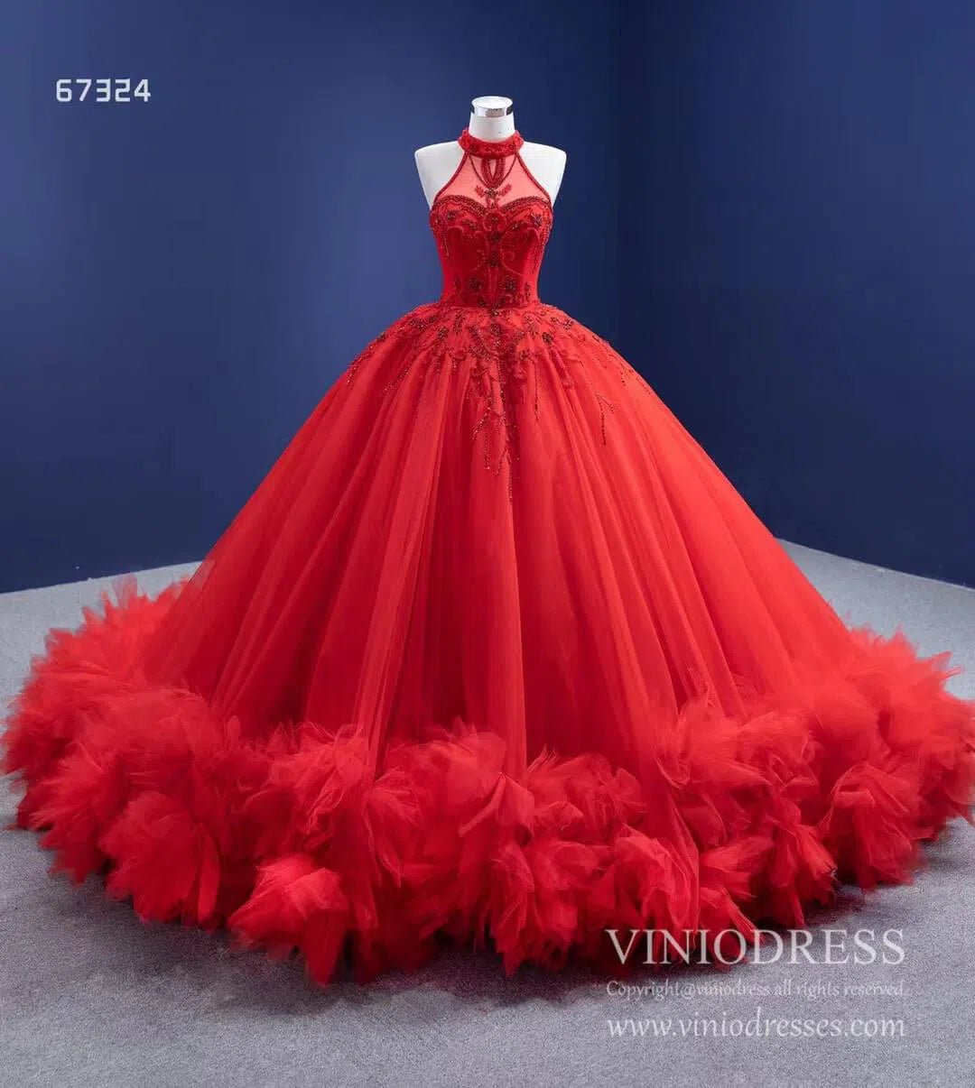 Vintage Red Tulle Wedding Gown Mock Neck Beaded Princess Dress Viniodress viniodress-Quinceanera Dresses 2025 -Viniodress-As Picture-Custom Size-