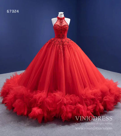 Vintage Red Tulle Wedding Gown Mock Neck Beaded Princess Dress Viniodress viniodress-Quinceanera Dresses 2025 -Viniodress-As Picture-Custom Size-