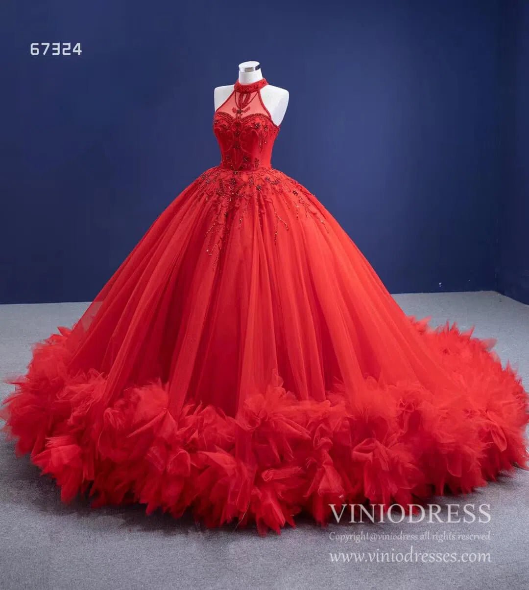 Vintage Red Tulle Wedding Gown Mock Neck Beaded Princess Dress Viniodress viniodress-Quinceanera Dresses 2025 -Viniodress-As Picture-Custom Size-