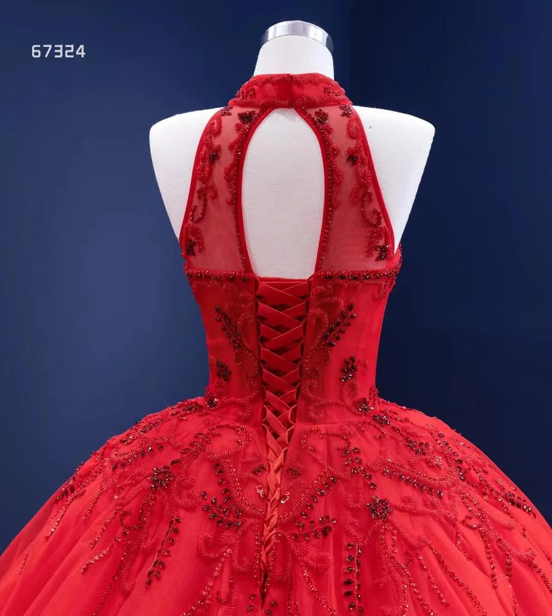 Vintage Red Tulle Wedding Gown Mock Neck Beaded Princess Dress Viniodr   Viniodress