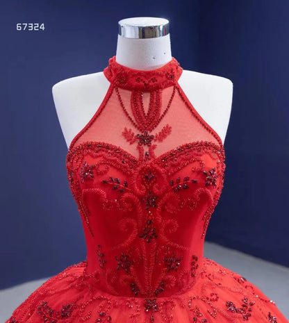 Vintage Red Tulle Wedding Gown Mock Neck Beaded Princess Dress Viniodress viniodress-Quinceanera Dresses 2025 -Viniodress-As Picture-Custom Size-