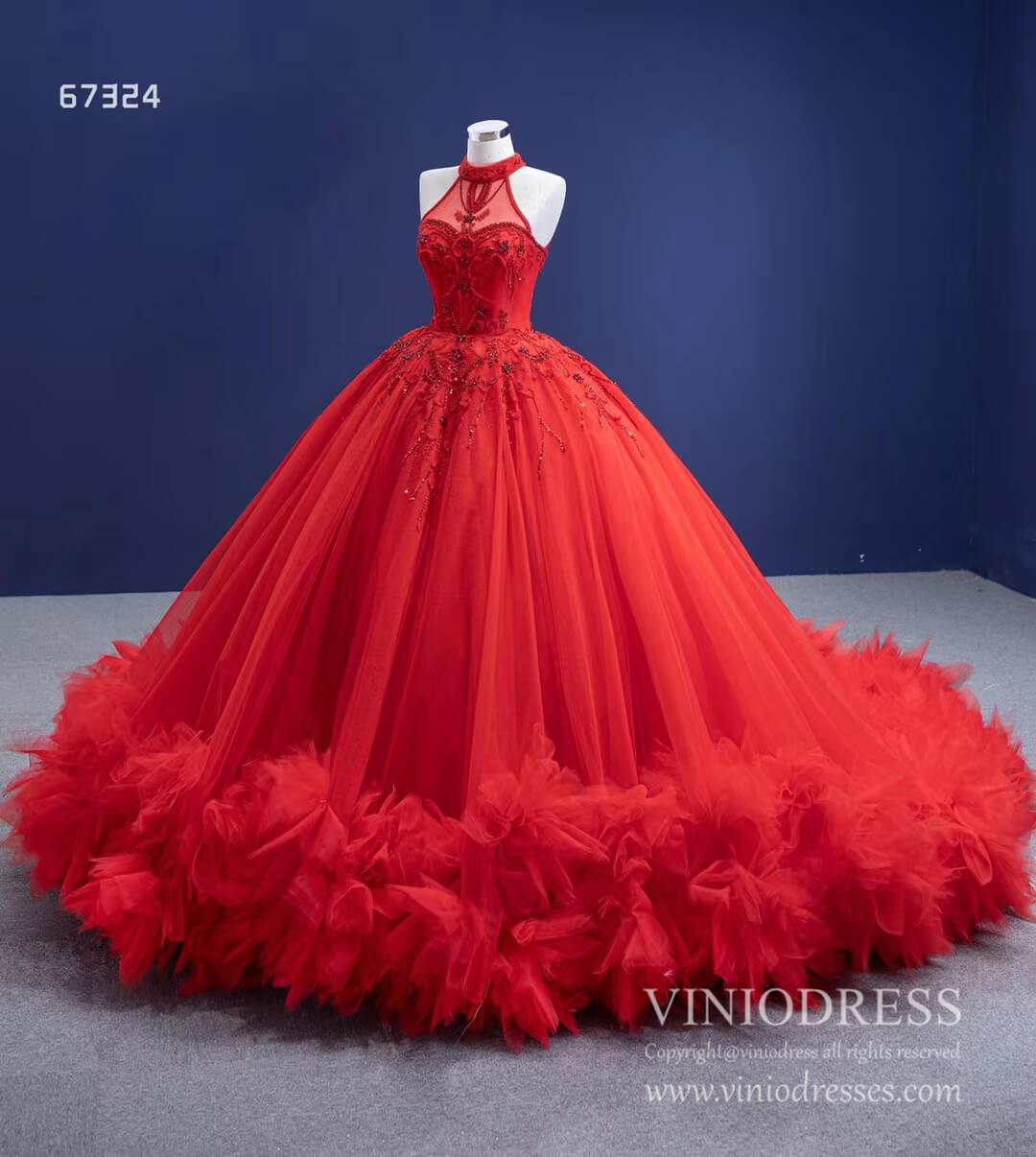 Prom Dress 2025 Vintage Red Tulle Wedding Gown Mock Neck Beaded Princess Dress Viniodress viniodress-unique Quinceanera Dresses-As Picture-Custom Size-Viniodress