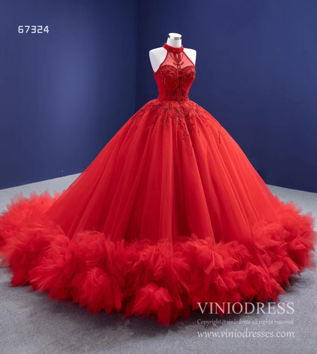 Prom Dress 2025 Vintage Red Tulle Wedding Gown Mock Neck Beaded Princess Dress Viniodress viniodress-unique Quinceanera Dresses-As Picture-Custom Size-Viniodress