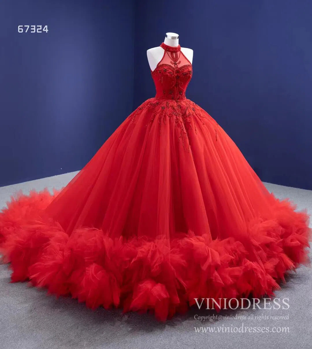 Quinceanera Dresses 2025 Vintage Red Tulle Wedding Gown Mock Neck Beaded Princess Dress Viniodress viniodress-plus size wedding dresses Viniodress-As Picture-Custom Size-