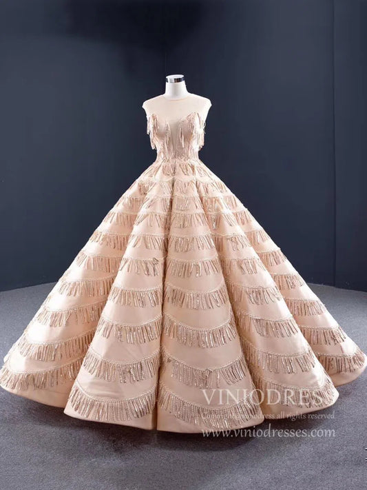 Vintage Rose Gold Open Back Ball Gown Prom Dresses Corset Back FD1188 viniodress-Quinceanera Dresses 2025 -Viniodress-Rose Gold-Custom Size-