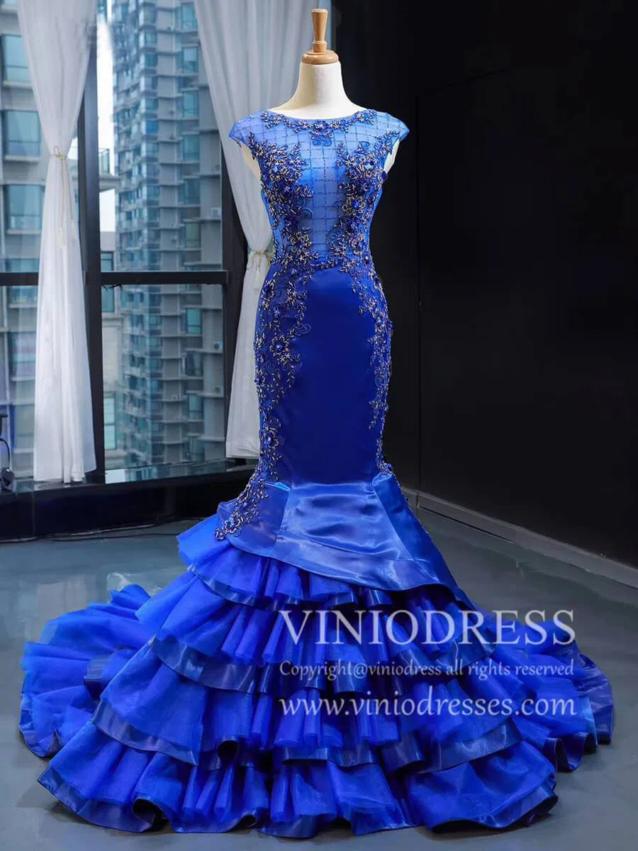 Vintage Royal Blue Beaded Mermaid Prom Dresses Cap Sleeve Pageant Gown FD1764-prom dresses 2025 -Viniodress-Royal Blue-US 2-