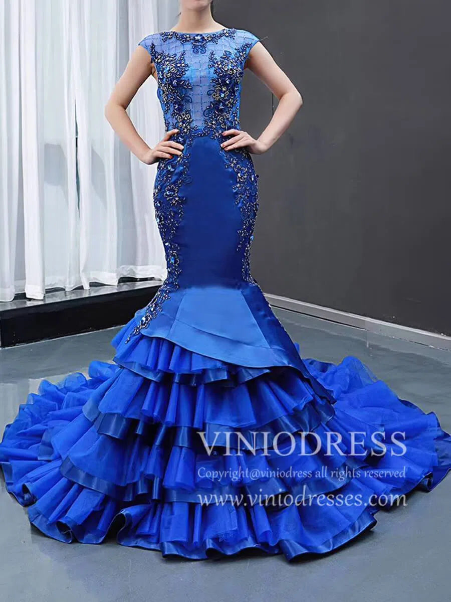 Vintage Royal Blue Beaded Mermaid Prom Dresses Cap Sleeve Pageant Gown FD1764-prom dresses 2025 -Viniodress-Royal Blue-US 2-