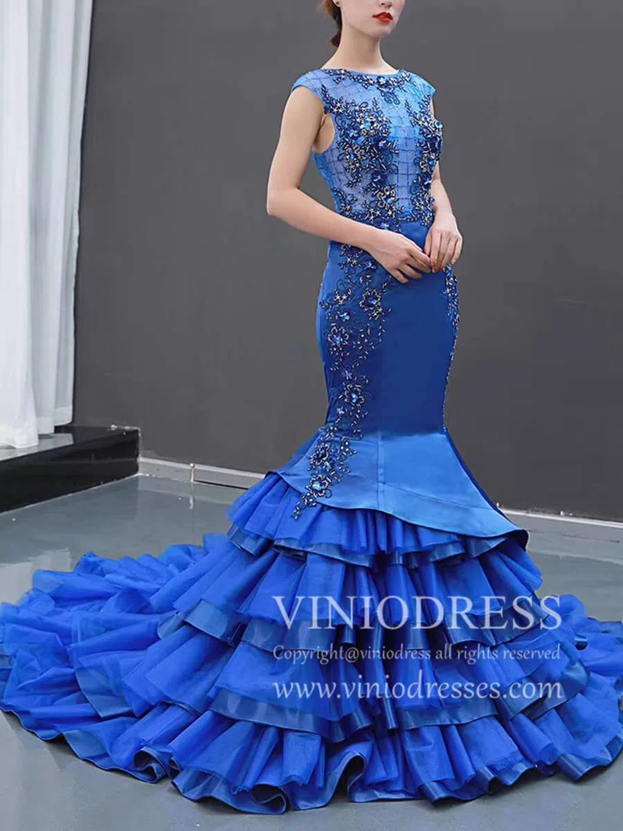 Vintage Royal Blue Beaded Mermaid Prom Dresses Cap Sleeve Pageant Gown FD1764-prom dresses 2025 -Viniodress-Royal Blue-US 2-