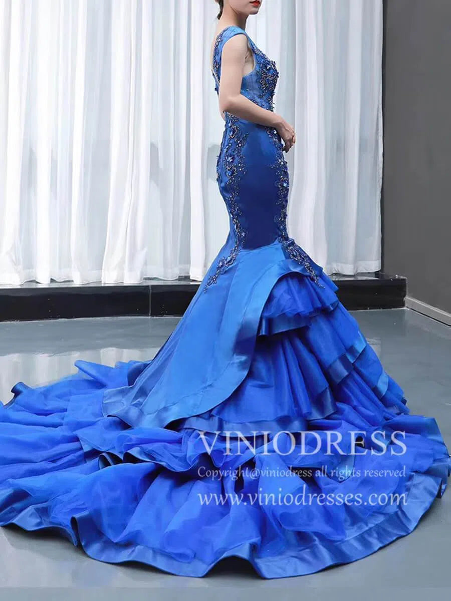 Vintage Royal Blue Beaded Mermaid Prom Dresses Cap Sleeve Pageant Gown FD1764-prom dresses 2025 -Viniodress-Royal Blue-US 2-