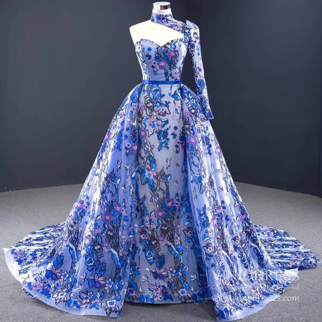 Prom Dress 2025 Vintage Royal Blue Floral Lace Pageant Gown One Shoulder Long Sleeve Formal Dress 67028-unique prom dresses-As Picture-Custom Size-Viniodress